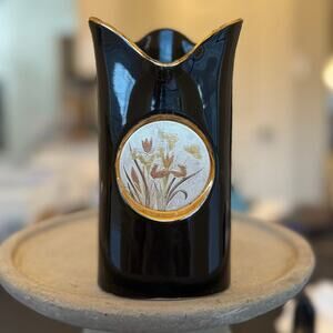 Vintage Westland Handcrafted Black Ceramic Vase with Floral Panel Gold Accent